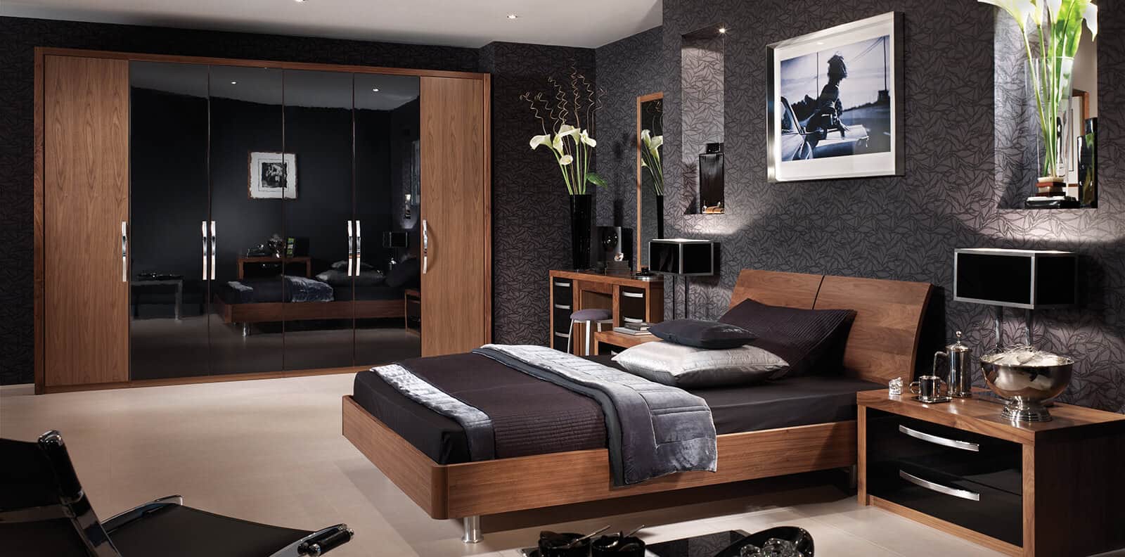 black glass and walnut bedroom furniture