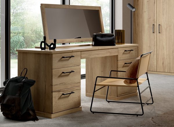 Oak finish bedroom desk with storage